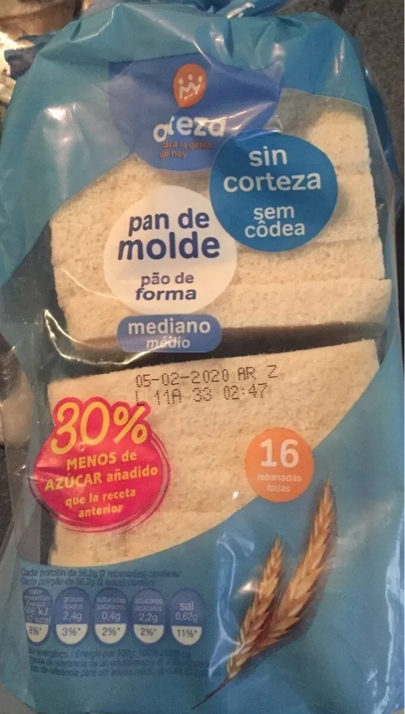 Pan de molde mediano sin corteza
