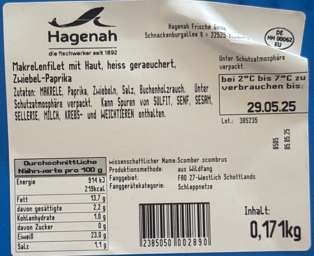 Makrelenfilet mit Haut, heiss geraeuchert, Zwiebel-Paprika