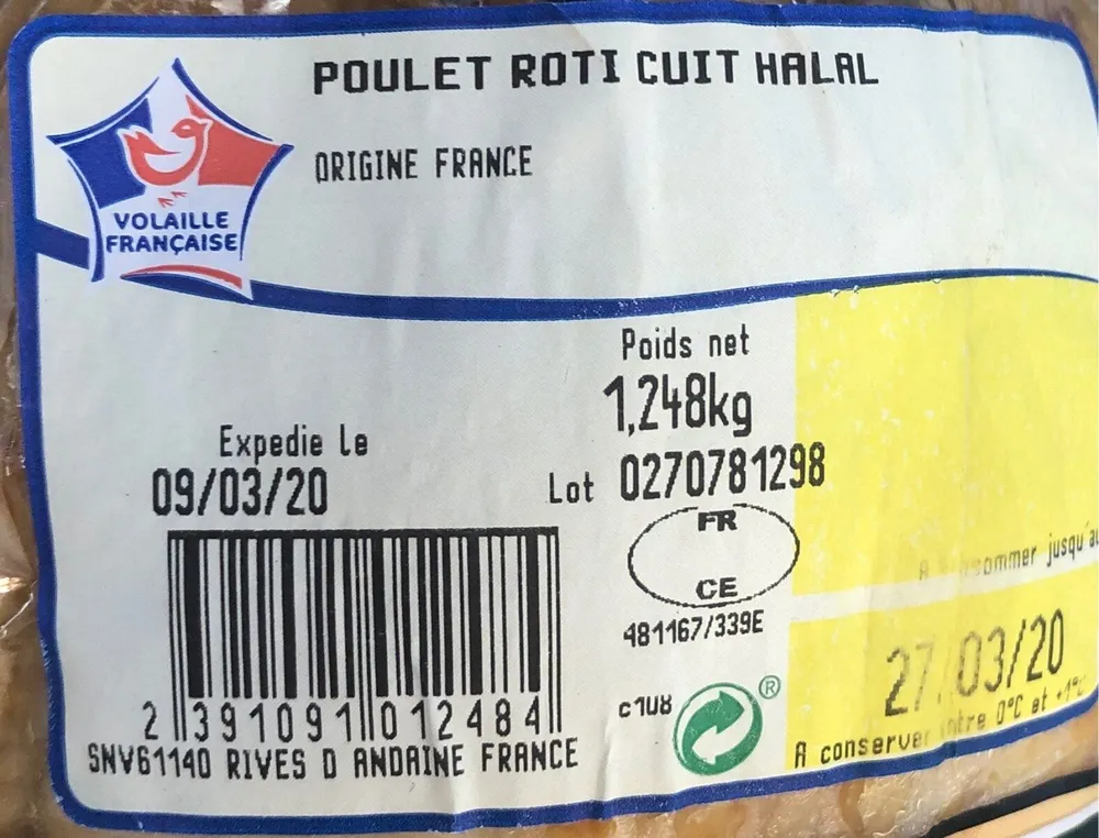 Poulet roti cuit halal