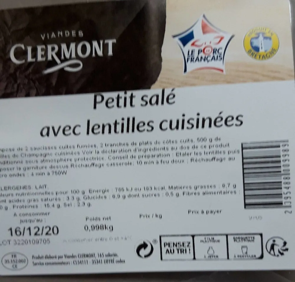 Petit salé avec lentilles cuisinées