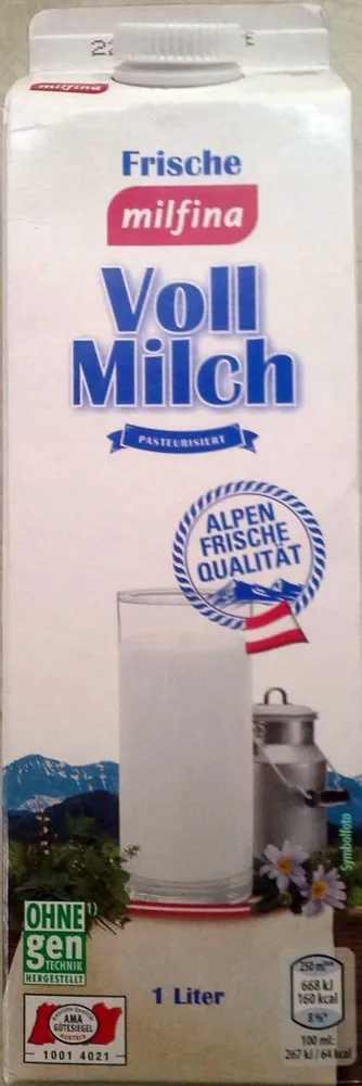 Frische Milfina Vollmilch pasteurisiert