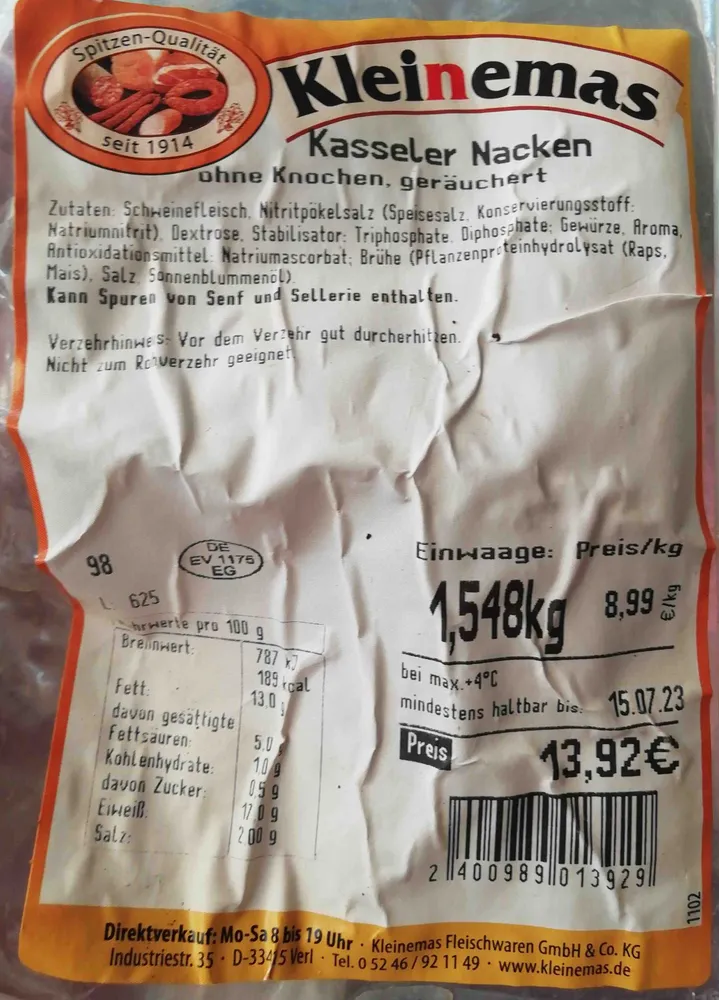 Kasseler Nacken, ohne Knochen, geräuchert