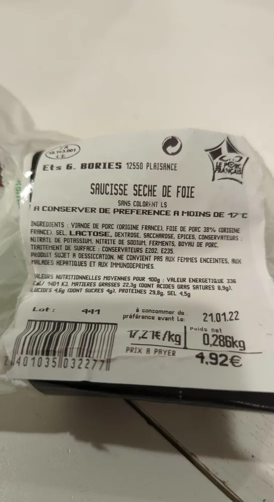 Saucisse sèche de foie