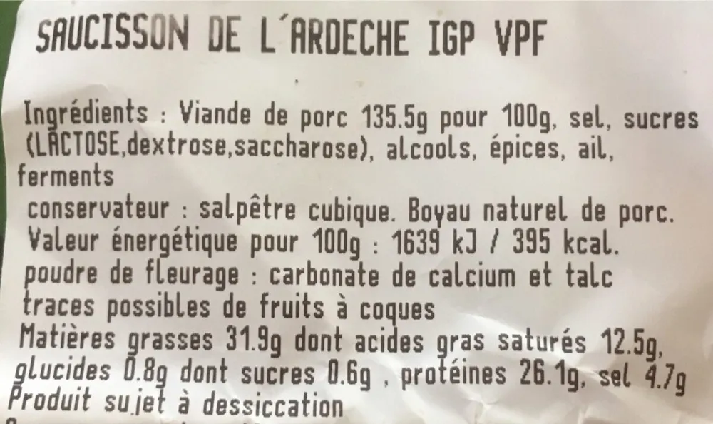 Saucisson de l'ardeche IGP