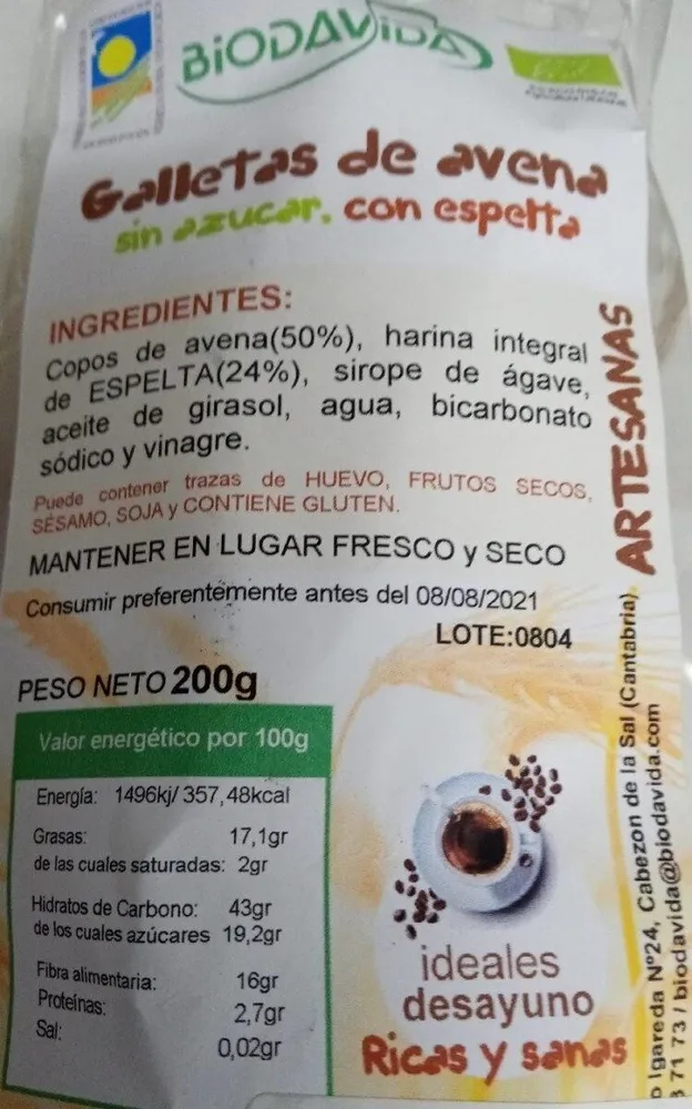 Galletas de avena sin azucar con espelta