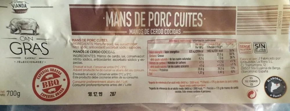 Manos de cerdo cocidas