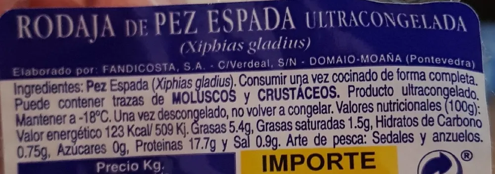 Rodaja de Pez Espada Ultracongelada