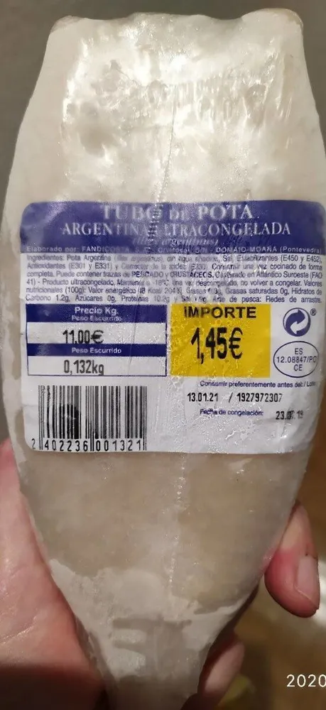 Tubo de pota argentina ultracongelada