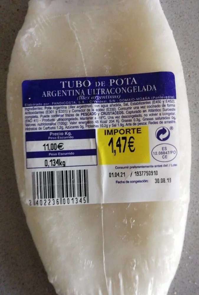Tubo de pota ultracongelada Argentina