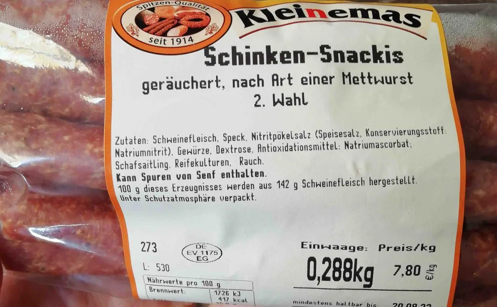 Schinken-Snackies, geräuchert, nach Art einer Mettwurst, 2. Wahl