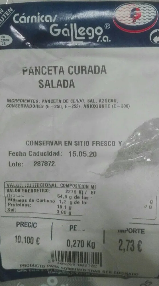 Panceta curada salada