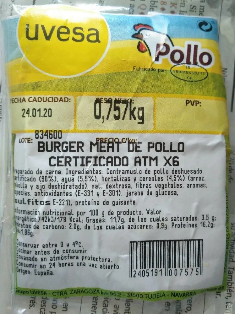 Burger meat de pollo certificado