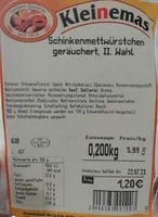 Schinkenmettwürstchen, geräuchert, II. Wahl
