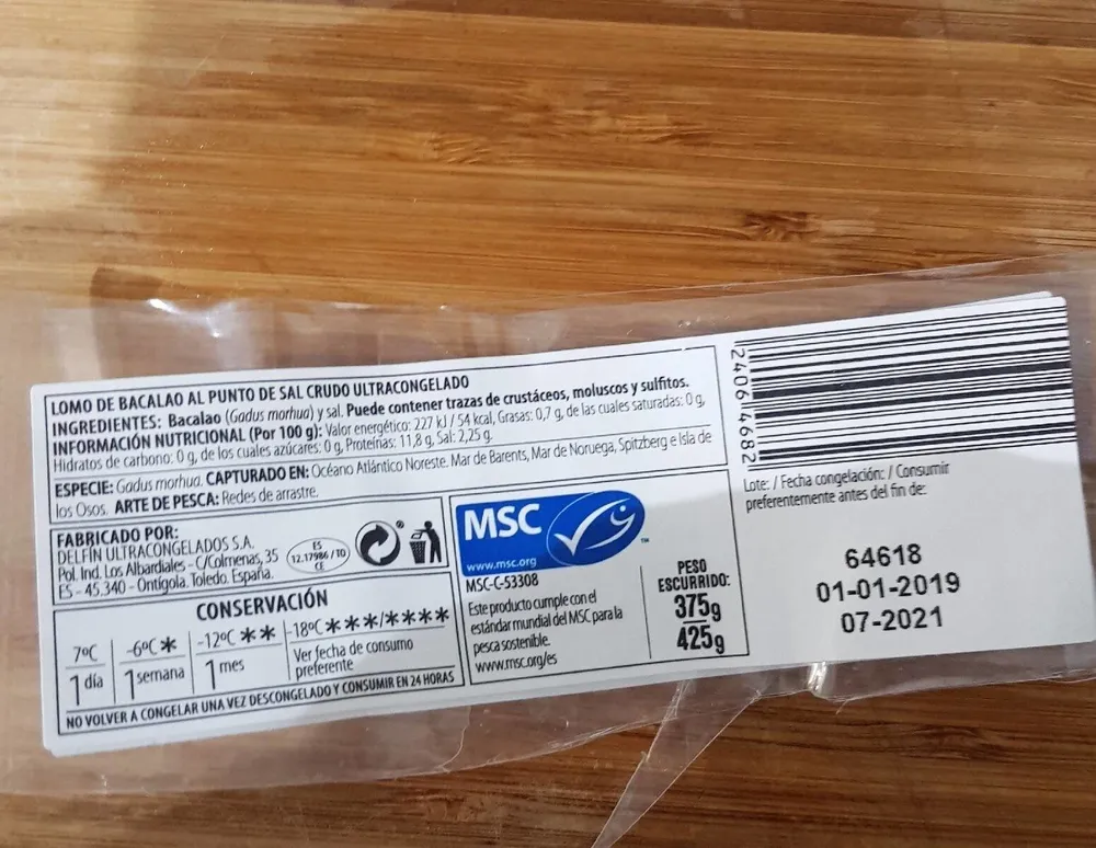 Lomo de bacalao al punto de sal crudo ultracongelado