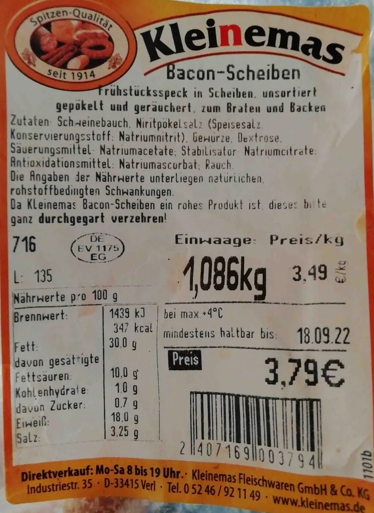 Bacon-Scheiben, gepökelt und geräuchert