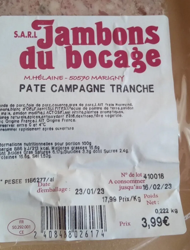 Pâte campagne tranche