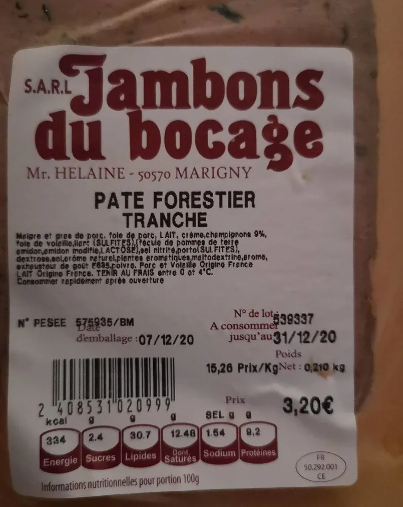 Paté forestier tranche