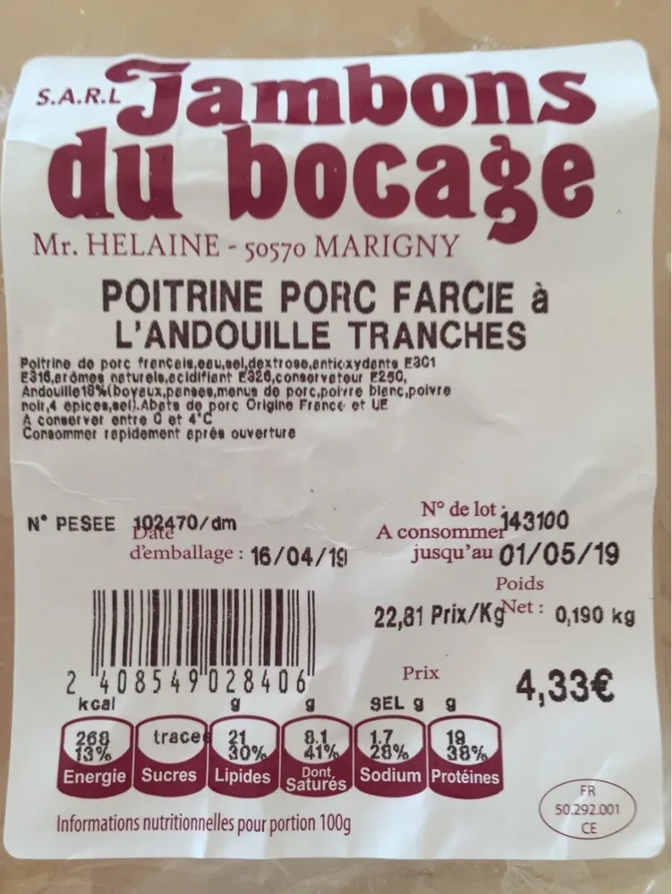 Poitrine porc farcie a l'andouille