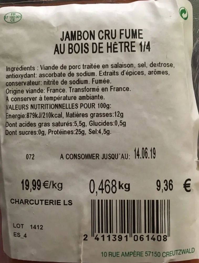 Jambon cru fumé au bous de hêtre 1/4