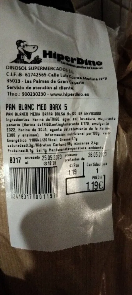 Pan blanco media barra 5 unidades
