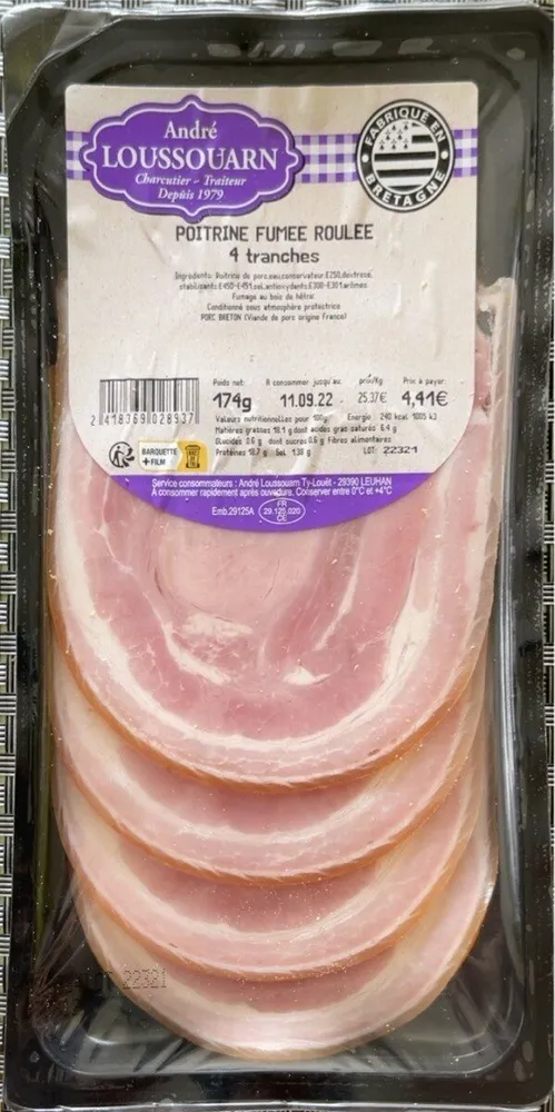 Poitrine fumée roulée 4 tranches 174g