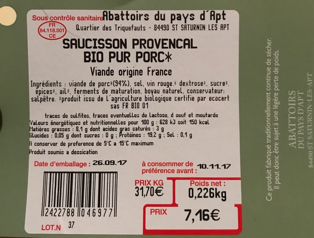 Saucisson provençal bio pur porc