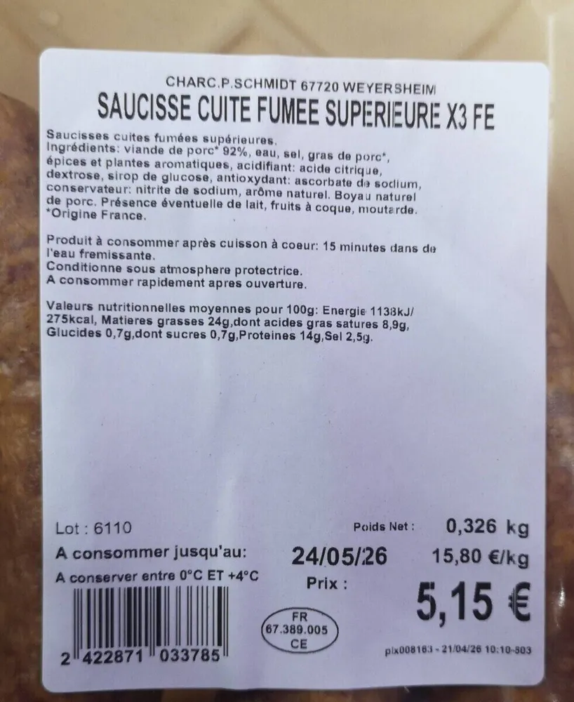Saucisse cuite fumée supérieure
