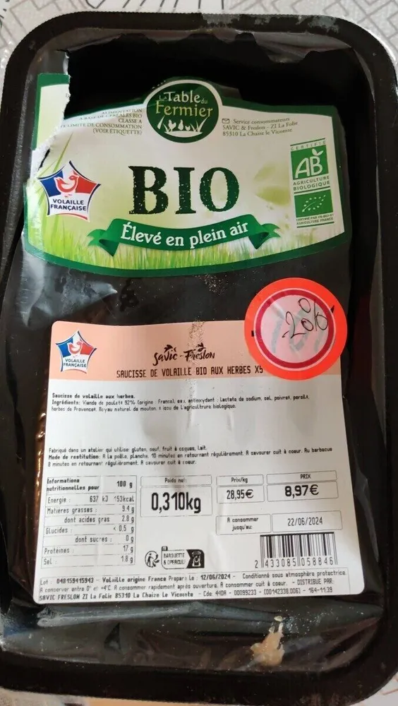 Saucisse de volaille bio aux herbes