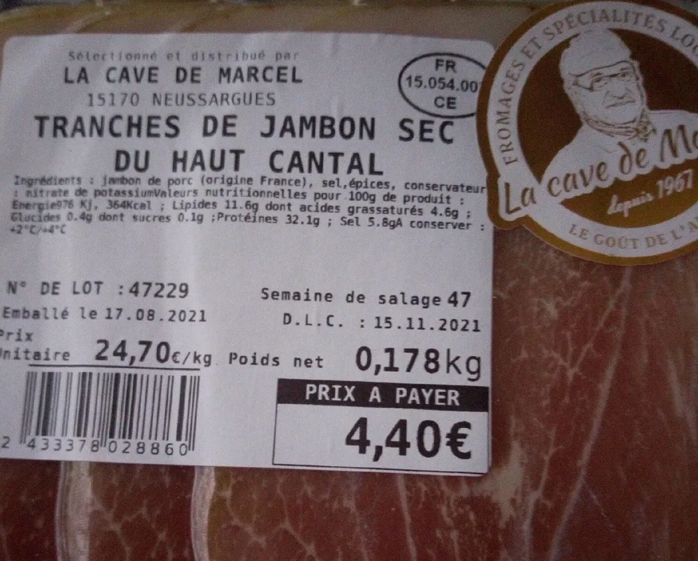 Tranches de jambon sec du haut cantal