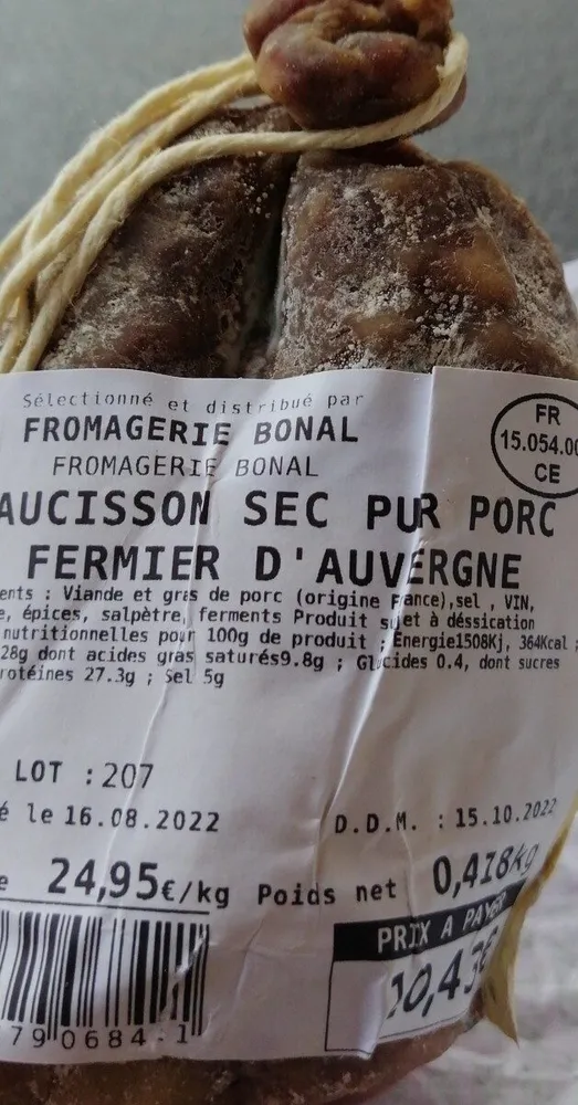Saucisson sec pur porc fermier d'auvergne