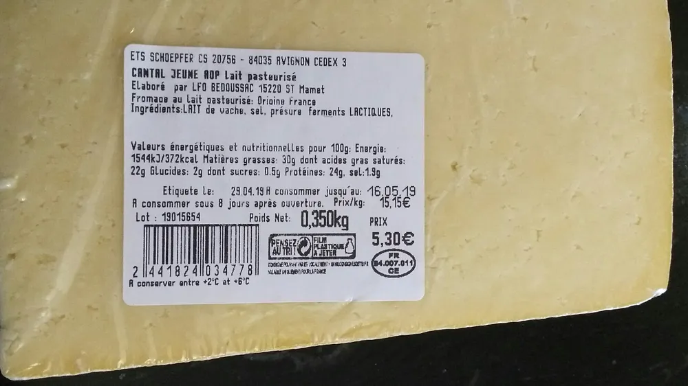 Cantal Jeune AOP Lait pasteurisé