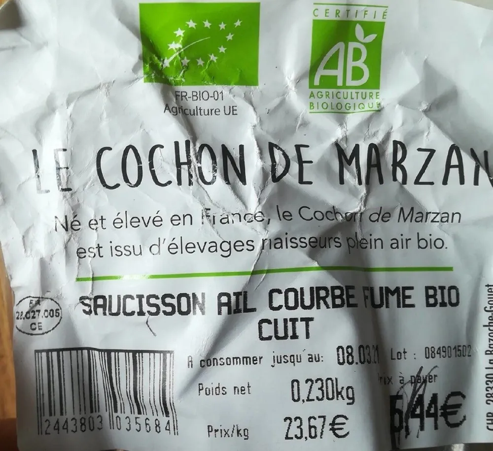 Saucisson ail courbe fumé Bio cuit