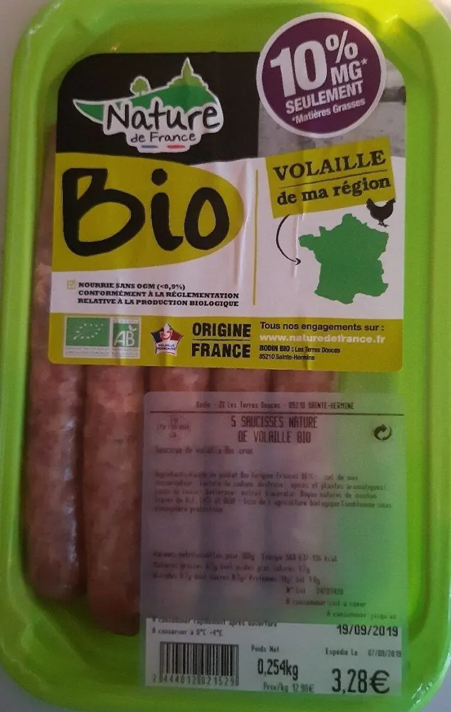 Saucisse nature de volaille bio