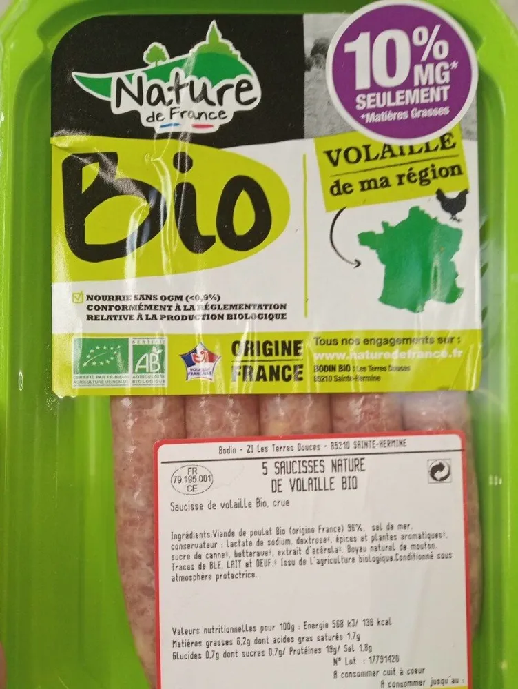 Saucisses nature de volaille bio