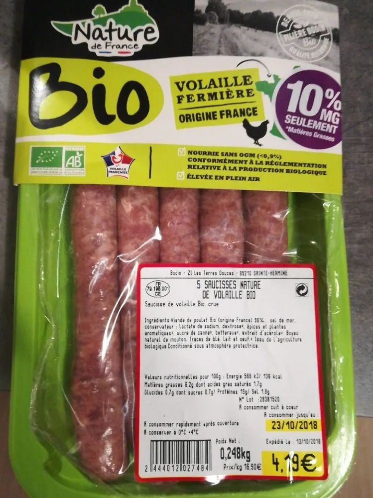 Saucisses nature de volaille Bio
