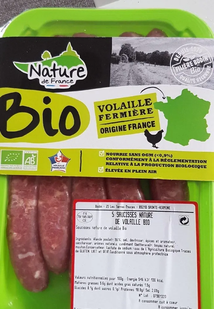 Saucisse nature de volaille bio