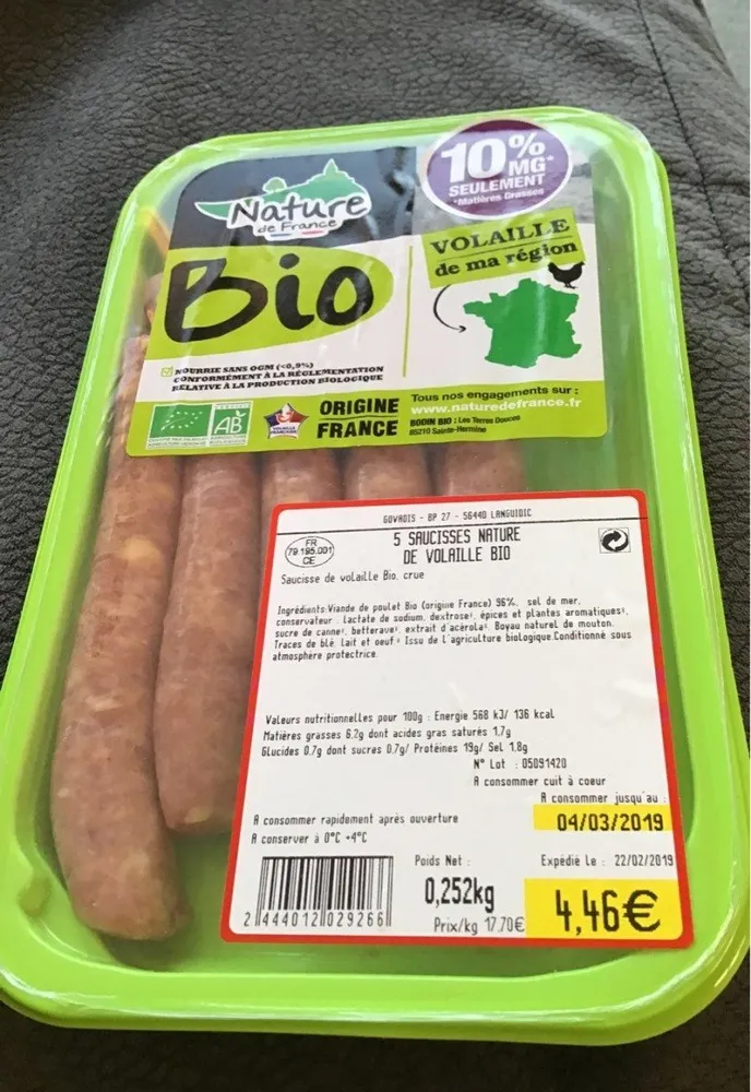Saucisses nature volailles bio