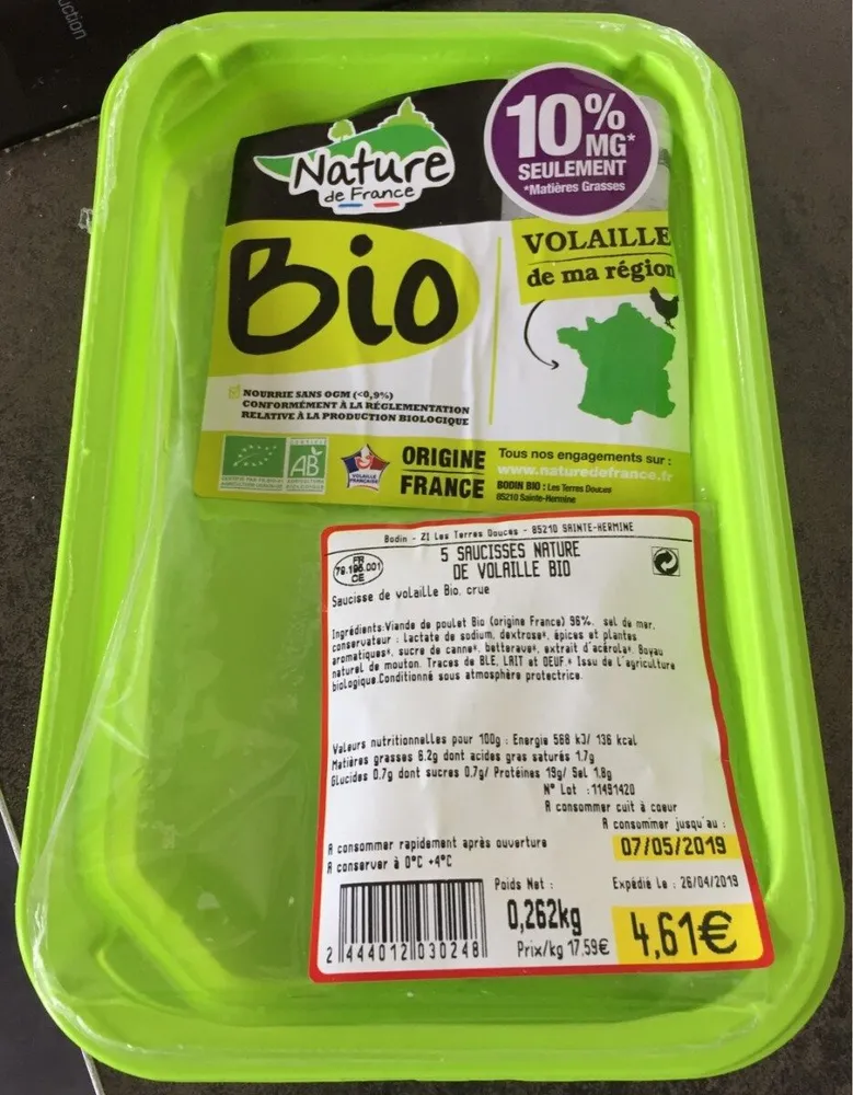 5 saucisses nature de volaille bio