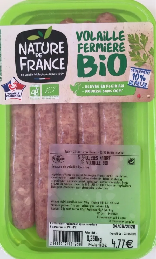 Saucisse nature de volaille fermière