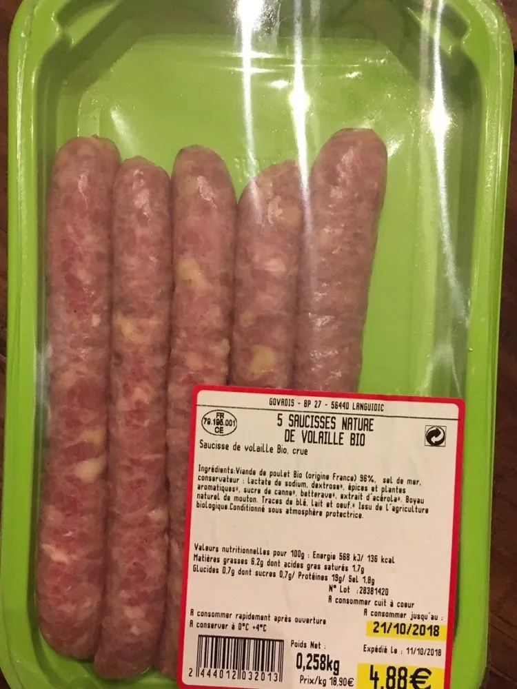 5 saucisses nature de volaille bio