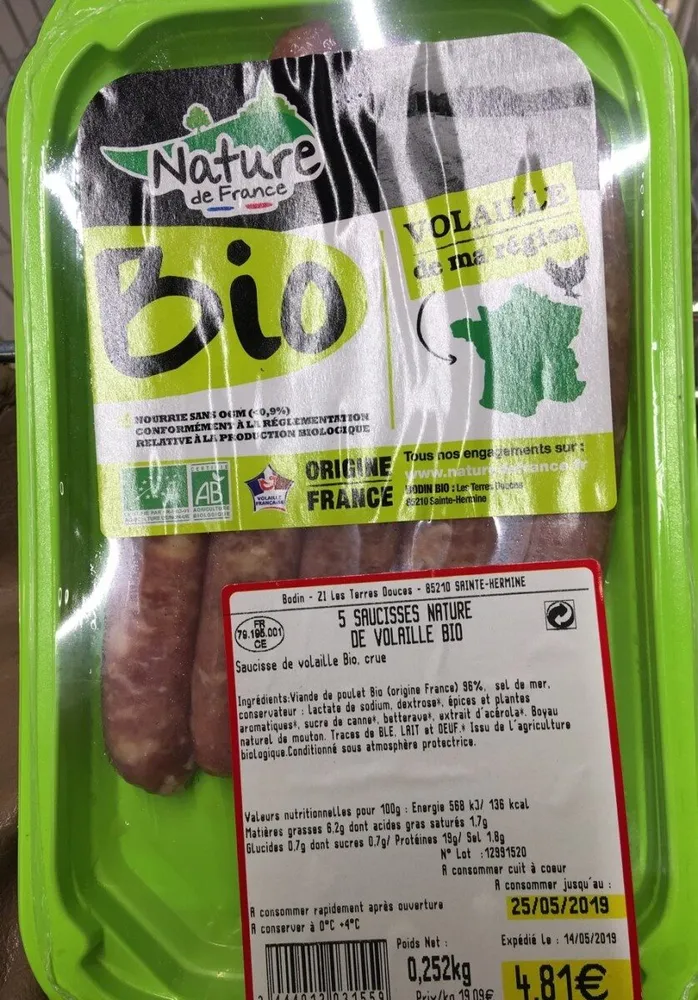 Saucisses nature de volaille bio