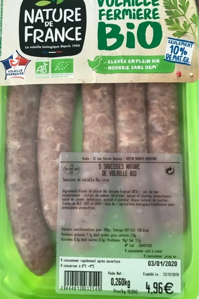 5 saucisses nature de volaille bio