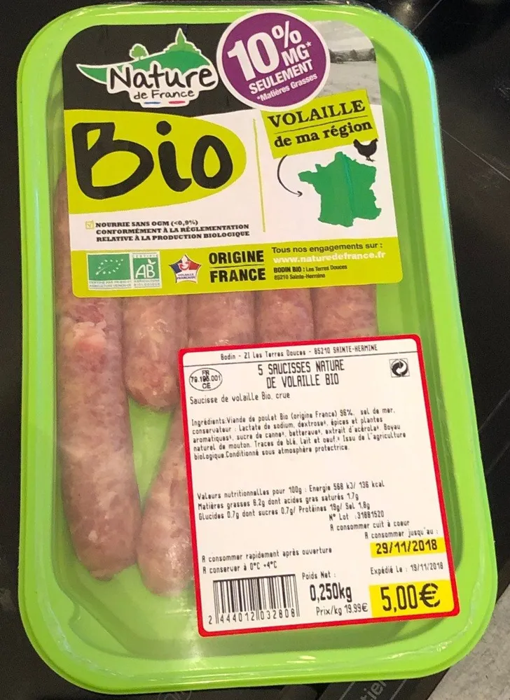 Saucisses nature de volaille bio