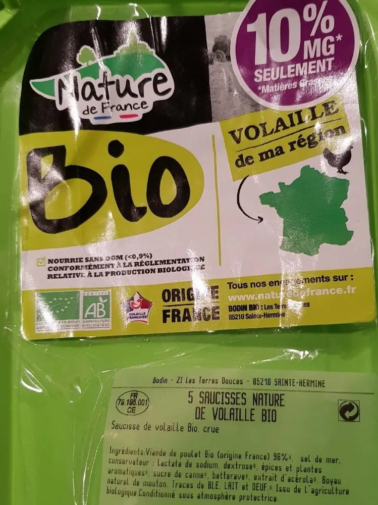 Saucisses nature de volaille bio