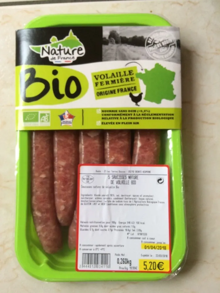5 saucisses nature de volaille bio