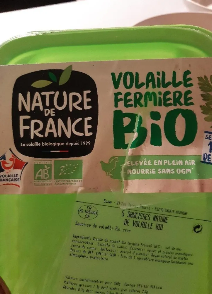 Saucisses nature de volaille bio nature de France