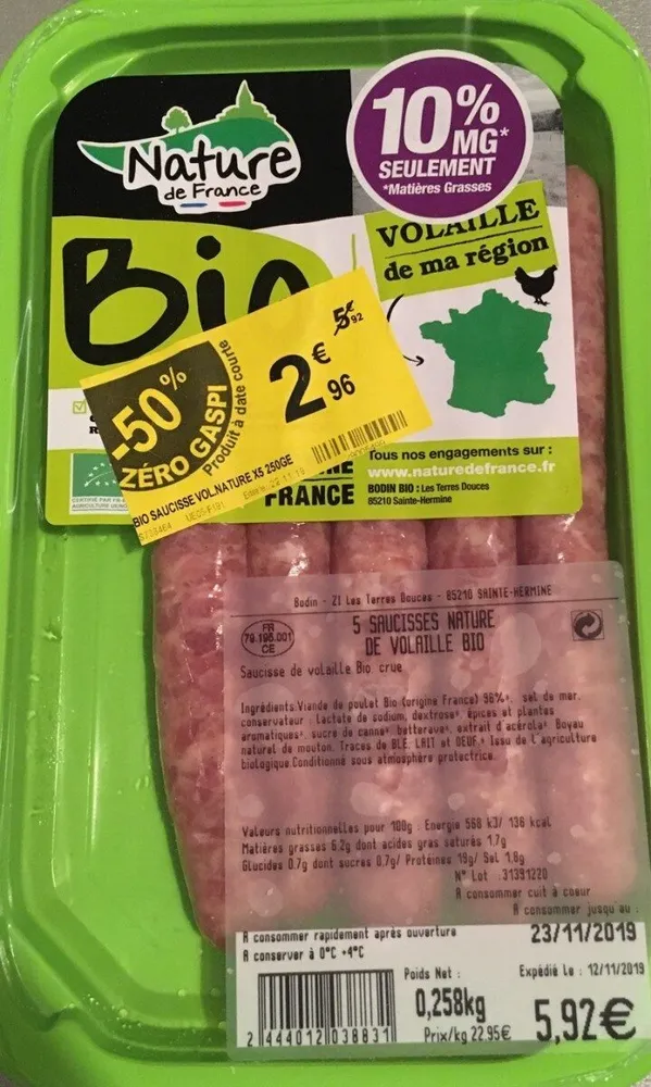 Saucisses nature de volaille bio