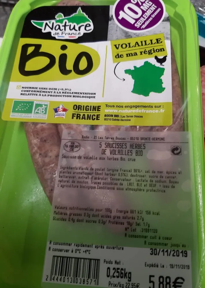 5 saucisses herbes de volaille bio