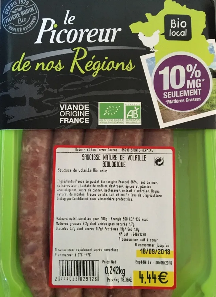 Saucisses natures de volaille biologique