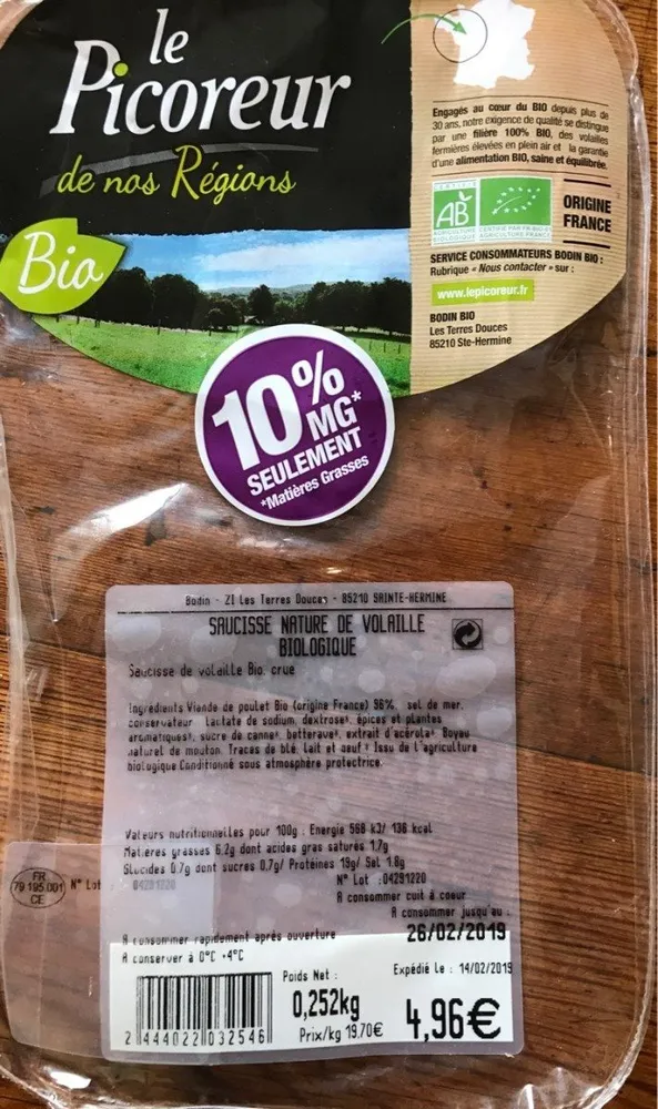 Saucisse nature de volaille biologique